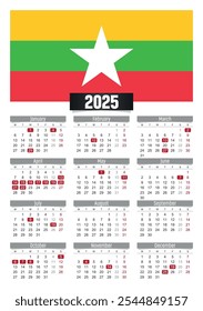 Calendario del Nuevo año 2025 con la bandera de Myanmar y los días festivos para imprimir