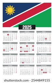 New year 2025 calendar with Namibia flag and public holidays for print