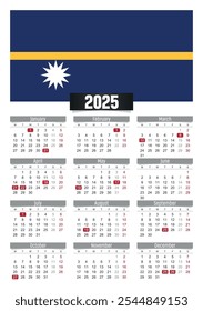 Calendario del Nuevo año 2025 con la bandera de Nauru y los días festivos para imprimir