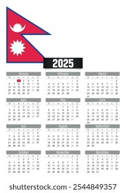 Calendario del Nuevo año 2025 con la bandera de Nepal y los días festivos para imprimir