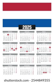 Calendario del Nuevo año 2025 con bandera de los Países Bajos y días festivos para imprimir