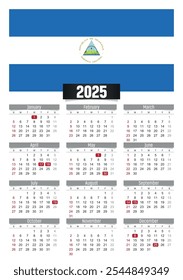 Calendario del Nuevo año 2025 con bandera de Nicaragua y días festivos para imprimir