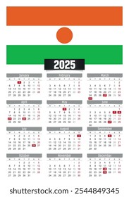 Calendario del Nuevo año 2025 con bandera de Níger y días festivos para imprimir