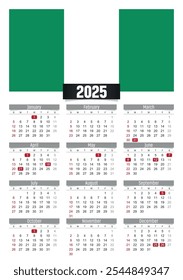 Calendario del Nuevo año 2025 con bandera de Nigeria y días festivos para imprimir