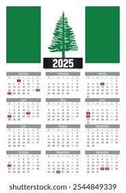 Calendario del Nuevo año 2025 con la bandera de la isla de Norfolk y días festivos para imprimir