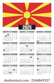 Calendario del Nuevo año 2025 con la bandera de Macedonia del Norte y los días festivos para imprimir