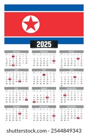 Calendario del Nuevo año 2025 con la bandera de Corea del Norte y los días festivos para imprimir