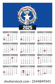 New year 2025 calendar with Northern Mariana Islands flag and public holidays for print