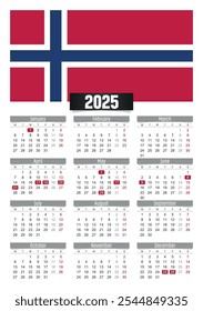 Calendario del Nuevo año 2025 con bandera de Noruega y días festivos para imprimir