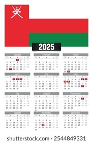 Calendario del Nuevo año 2025 con bandera de Omán y días festivos para imprimir