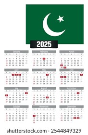 New year 2025 calendar with Pakistan flag and public holidays for print