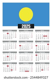 Calendario del Nuevo año 2025 con la bandera de Palaos y los días festivos para imprimir