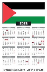 Calendario del Nuevo año 2025 con la bandera de Palestina y los días festivos para imprimir