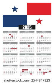 New year 2025 calendar with Panama flag and public holidays for print