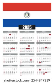 Calendario del Nuevo año 2025 con bandera de Paraguay y días festivos para imprimir