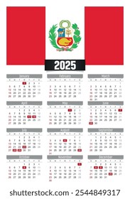 New year 2025 calendar with Peru flag and public holidays for print