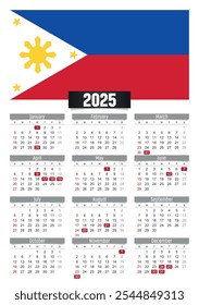 Calendario del Nuevo año 2025 con la bandera de Filipinas y los días festivos para imprimir