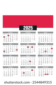 Calendario del Nuevo año 2025 con la bandera de Polonia y los días festivos para imprimir