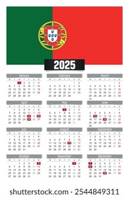 Calendario del Nuevo año 2025 con bandera de Portugal y días festivos para imprimir