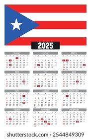 Calendario del Nuevo año 2025 con la bandera de Puerto Rico y días festivos para imprimir