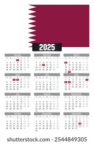 Calendario del Nuevo año 2025 con la bandera de Qatar y los días festivos para imprimir