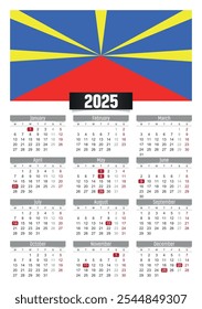 New year 2025 calendar with Reunion flag and public holidays for print