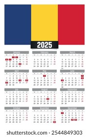 Calendario del Nuevo año 2025 con la bandera de Rumanía y los días festivos para imprimir