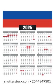 Calendario del Nuevo año 2025 con la bandera de Rusia y los días festivos para imprimir