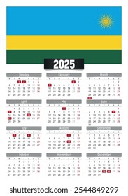 Calendario del Nuevo año 2025 con la bandera de Ruanda y los días festivos para imprimir