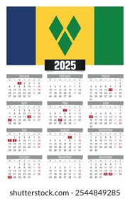 New year 2025 calendar with Saint Vincent And The Grenadines flag and public holidays for print