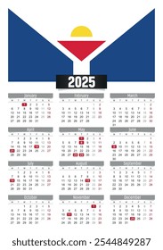 New year 2025 calendar with Saint Martin flag and public holidays for print