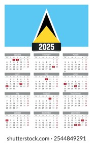 Calendario del Nuevo año 2025 con la bandera de Santa Lucía y días festivos para imprimir