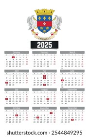 New year 2025 calendar with Saint Barthelemy flag and public holidays for print