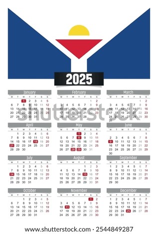 New year 2025 calendar with Saint Martin flag and public holidays for print