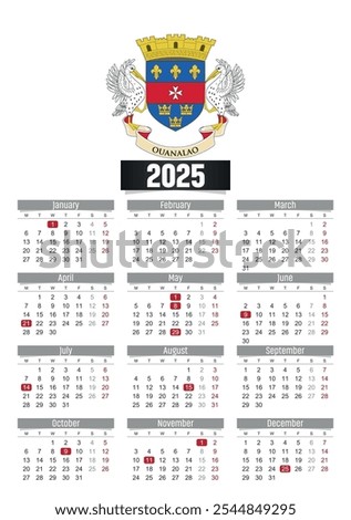 New year 2025 calendar with Saint Barthelemy flag and public holidays for print