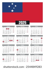 Calendario del Nuevo año 2025 con la bandera de Samoa y los días festivos para imprimir