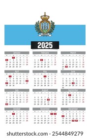 New year 2025 calendar with San Marino flag and public holidays for print