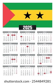 Calendario del Nuevo año 2025 con la bandera de Santo Tomé y Príncipe y días festivos para imprimir