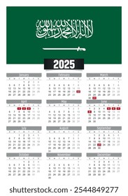 Calendario del Nuevo año 2025 con la bandera de Arabia Saudí y días festivos para imprimir