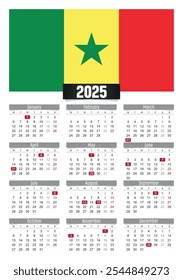 Calendario del Nuevo año 2025 con la bandera de Senegal y los días festivos para imprimir