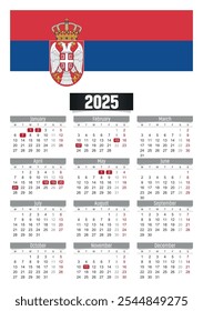 Calendario del Nuevo año 2025 con la bandera de Serbia y los días festivos para imprimir