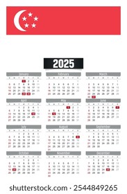 Calendario del Nuevo año 2025 con la bandera de Singapur y los días festivos para imprimir