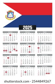 Calendario del Nuevo año 2025 con la bandera de Sint Maarten y los días festivos para imprimir