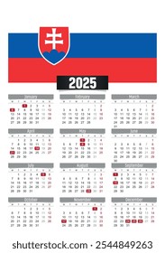 Calendario del Nuevo año 2025 con bandera de Eslovaquia y días festivos para imprimir