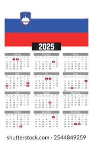 New year 2025 calendar with Slovenia flag and public holidays for print