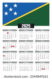 Calendario del Nuevo año 2025 con bandera de las Islas Salomón y días festivos para imprimir