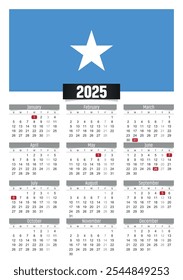 Calendario del Nuevo año 2025 con la bandera de Somalia y los días festivos para imprimir