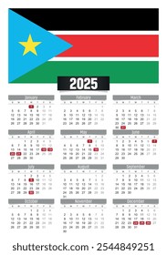 New year 2025 calendar with South Sudan flag and public holidays for print