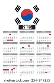 Calendario del Nuevo año 2025 con la bandera de Corea del Sur y los días festivos para imprimir