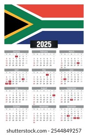 Calendario del Nuevo año 2025 con la bandera de Sudáfrica y los días festivos para imprimir